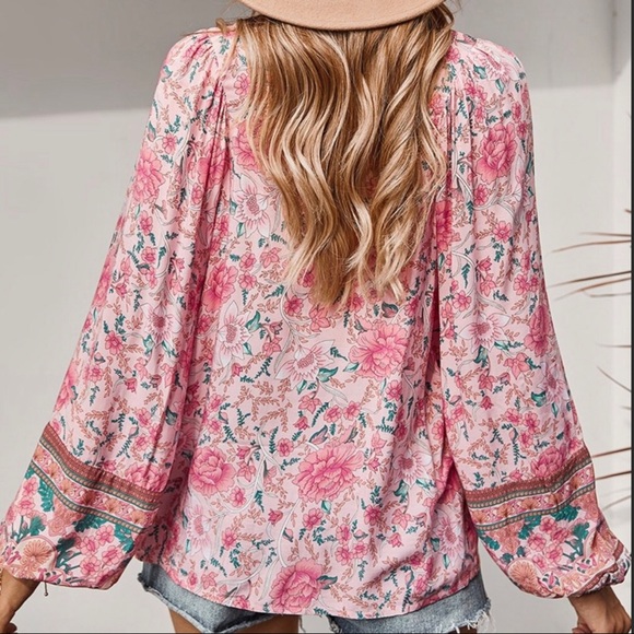 Pink Boho Festival Flowy Floral Blouse - Picture 6 of 8